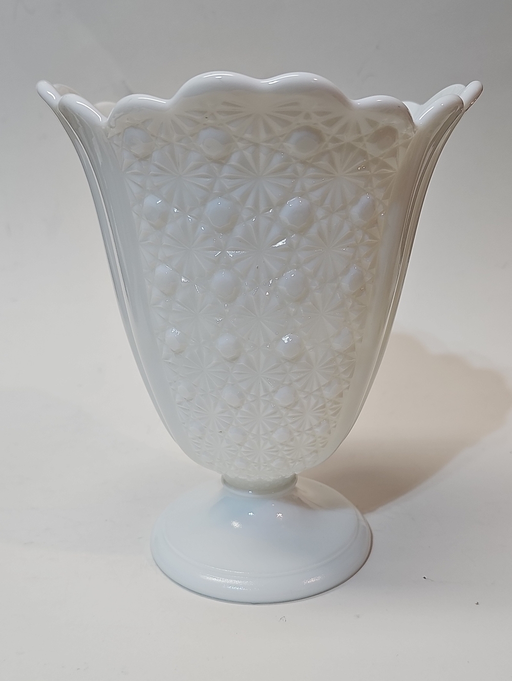 Vintage Fenton Daisy and Button White Milk Glass Pedestal 8" Square Vase
